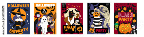 Halloween banner. Holiday party. October celebration card. Event invitation. Cartoon people in masquerade costumes. Carnival autumn flyer template. Spooky characters. Vector advertising posters set