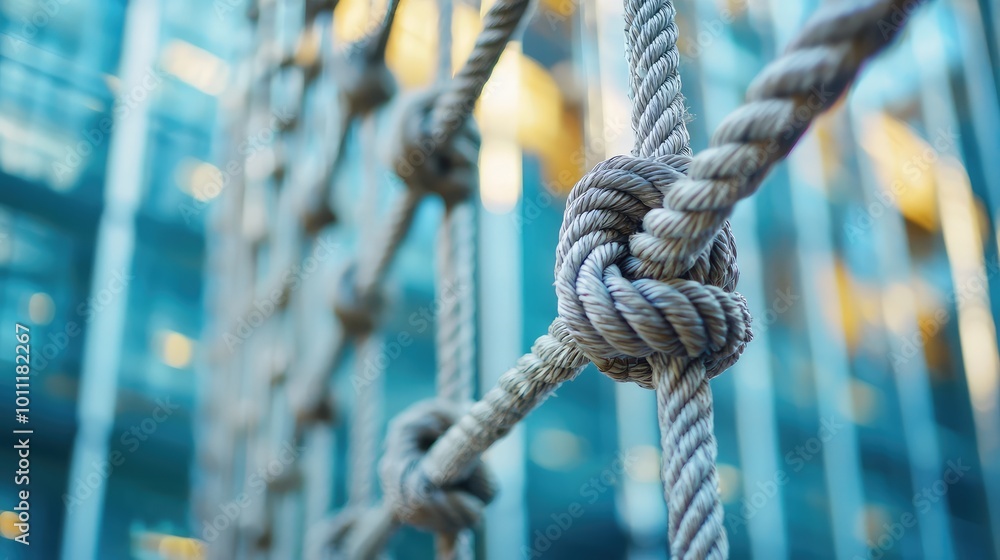 Close-up of a rope knot with a blurred modern building background, showcasing texture and craftsmanship in outdoor settings. Close-up of a rope knot with a blurred modern building background, showcasing texture and craftsmanship in outdoor settings.