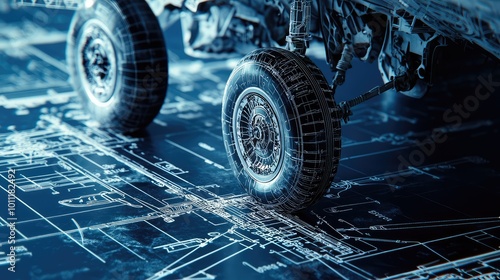 Close-up of a vehicle wheel on a blueprint, showcasing engineering details and design innovation in automotive technology.