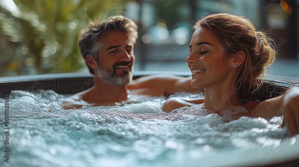beautiful mature couple relaxing in hot tub enjoying romantic wellness weekend in spa concept of valentine day beautiful mature couple relaxing in hot tub enjoying romantic wellness weekend in spa concept of valentine day