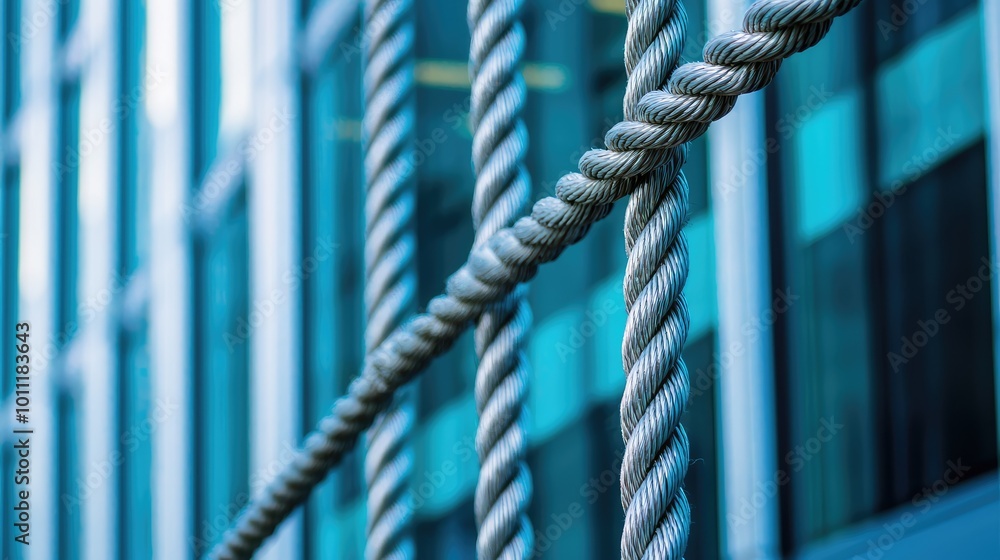 Close-up of thick ropes against a modern glass building, showcasing texture and contrast in an urban environment. Close-up of thick ropes against a modern glass building, showcasing texture and contrast in an urban environment.
