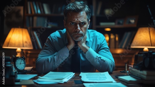 Man in a button-up shirt sitting at a desk with papers, appearing stressed in a dimly lit office during nighttime