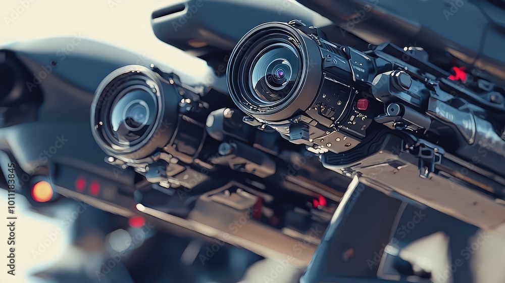 Fototapeta premium Close-up view of advanced surveillance cameras mounted on a modern drone showcasing intricate design and high-tech features.