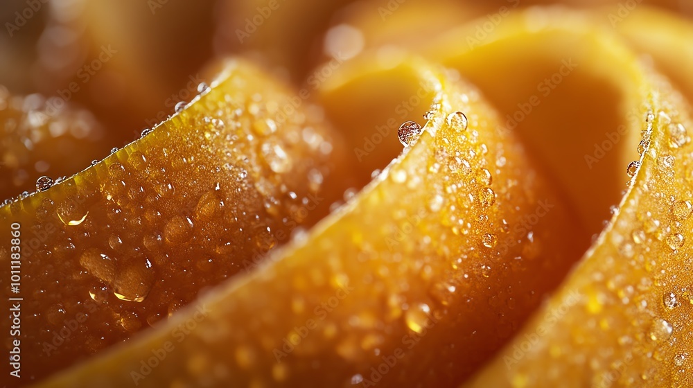 Close-up of an orange peel with water droplets.