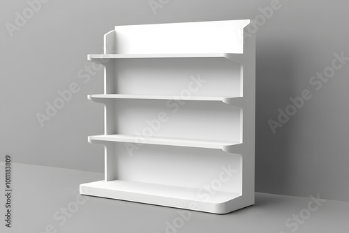 3d White Empty Product Display For Supermarket With Shelves mock up Isolated on white background. Retail shelf, ,display mockup. 