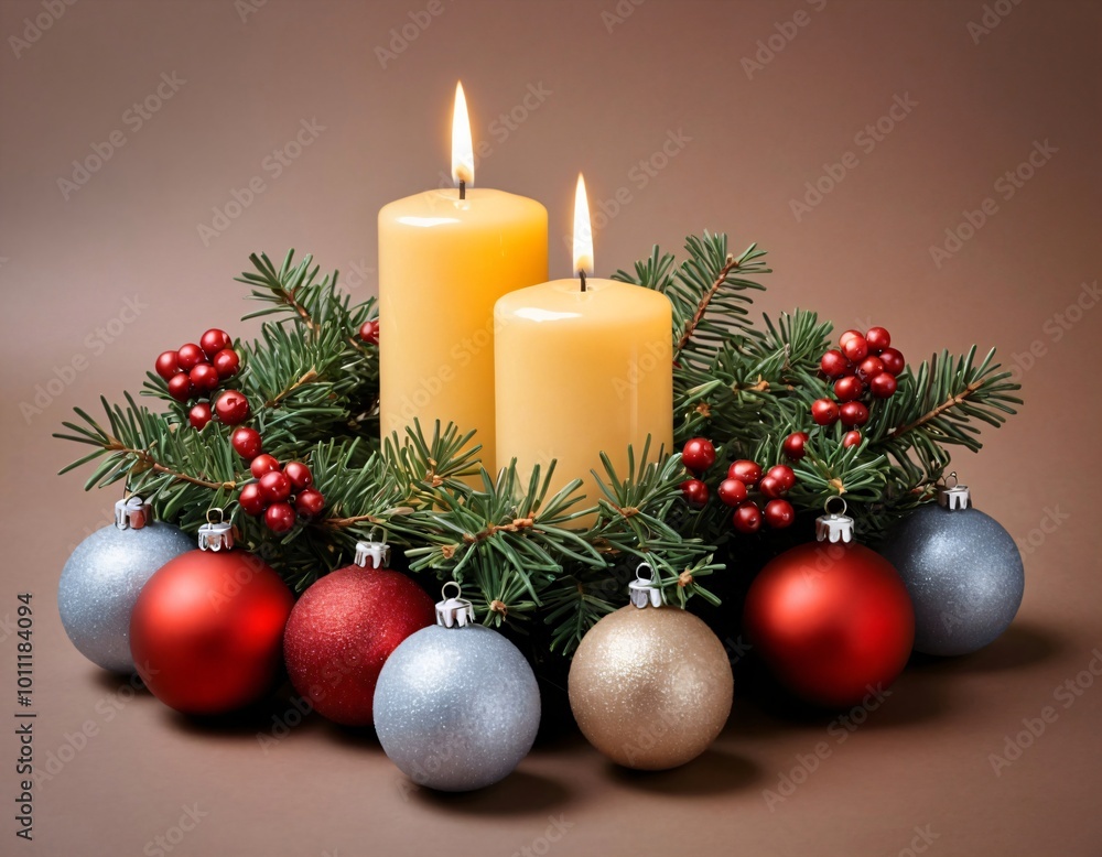 Christmas still life with spruce branch and candlestick. New Year's still life. Christmas still life with spruce branch and candlestick. New Year's still life.
