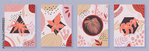Botanical posters set. Colorful leaves with abstract geometric elements. Autumn foliage. Minimal style vertical banners. Trendy decoration, tropical leaf and lily blooms. Vector isolated illustration