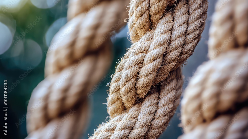 Close-up view of twisted natural rope with a blurred background, highlighting texture and strength. Close-up view of twisted natural rope with a blurred background, highlighting texture and strength.