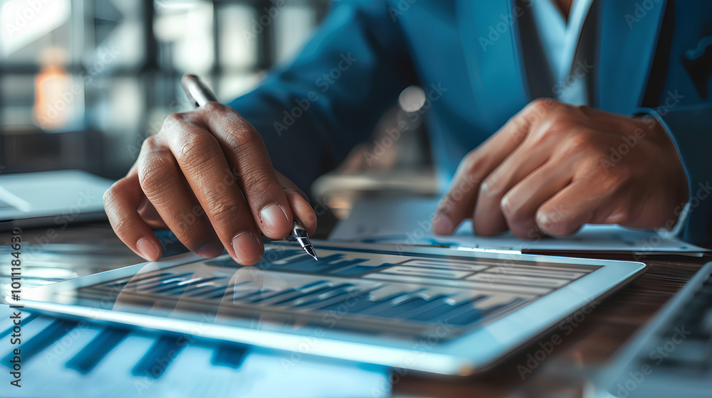 A businessperson's hand using a tablet with a financial dashboard A businessperson's hand using a tablet with a financial dashboard