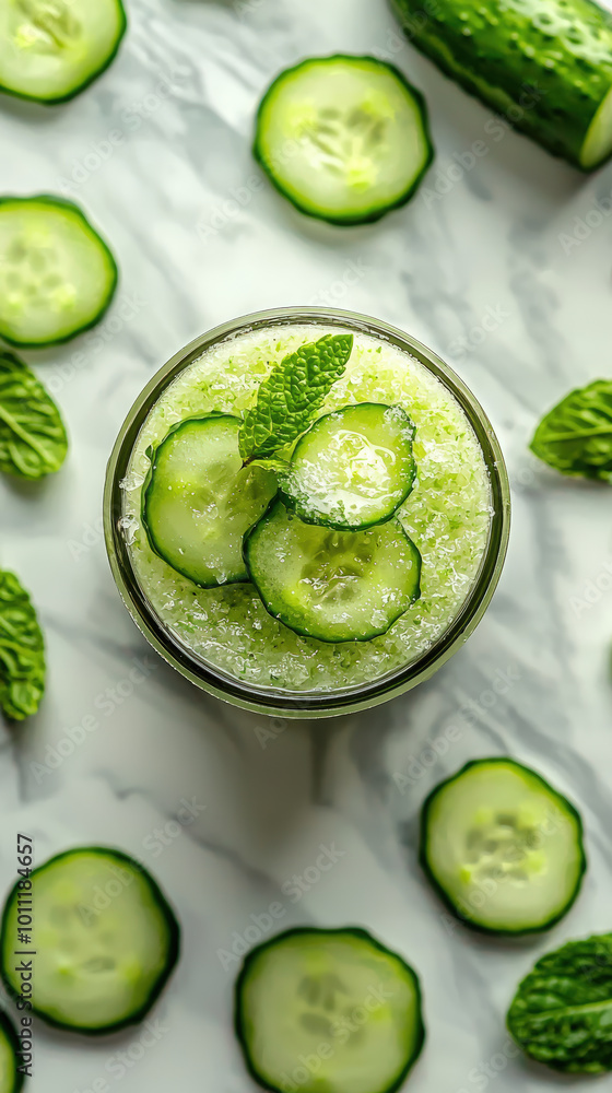 Refreshing cucumber scrub in glass jar, garnished with fresh mint leaves and cucumber slices, set against marble surface. This vibrant image evokes sense of relaxation and rejuvenation Refreshing cucumber scrub in glass jar, garnished with fresh mint leaves and cucumber slices, set against marble surface. This vibrant image evokes sense of relaxation and rejuvenation