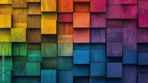 A colorful abstract geometric wall design with 3D wooden cubes and rainbow hues, forming a dynamic and modern background photo