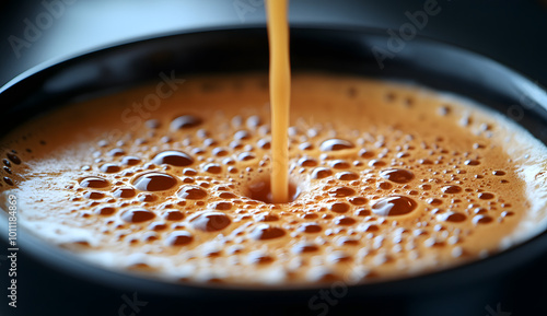 A close-up of milk being poured into a coffee mug, focusing on the smooth flow and texture of the milk as it creates a beautiful swirl in the dark coffee. This high-resolution image captures the warmt photo