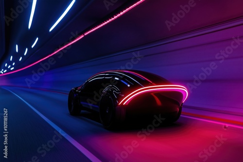 Sleek self driving vehicle zooms through a neon lit tunnel, evoking a futuristic and high tech ambiance photo