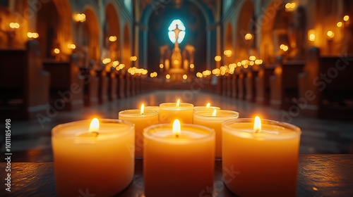 candles in church with altar in background beautiful catholic or lutheran cathedral with many lit candles as prayer or memory symbol beautiful lights in christian basilica ,crucifix in background