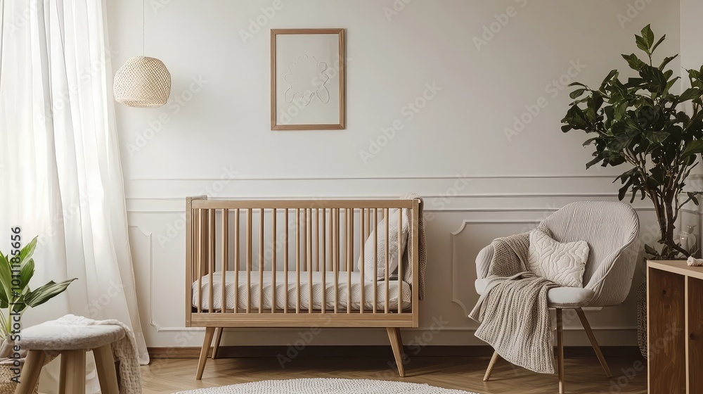 Cozy and modern nursery interior featuring a wooden crib, soft chair, and calming decor for a peaceful baby environment. Cozy and modern nursery interior featuring a wooden crib, soft chair, and calming decor for a peaceful baby environment.