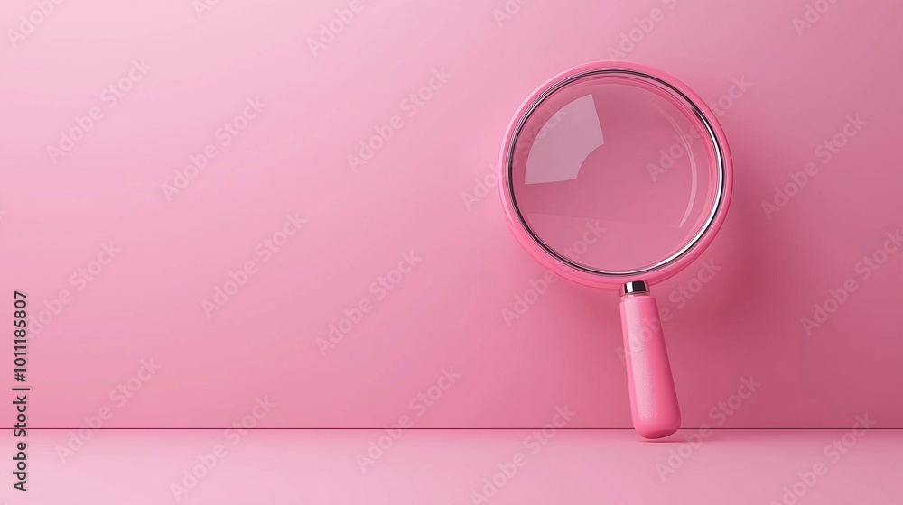 A pink magnifying glass resting on a matching pastel pink background, conveying themes of exploration, discovery, and focus. A pink magnifying glass resting on a matching pastel pink background, conveying themes of exploration, discovery, and focus.