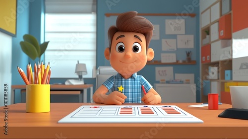 3D cartoon character at a desk with a to-do list in front of them