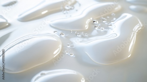 Close-up of translucent liquid droplets on a smooth surface, creating an abstract, fluid pattern.