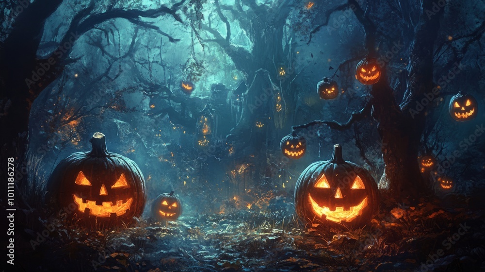 Halloween pumpkins in a dark forest, a spooky background Halloween pumpkins in a dark forest, a spooky background