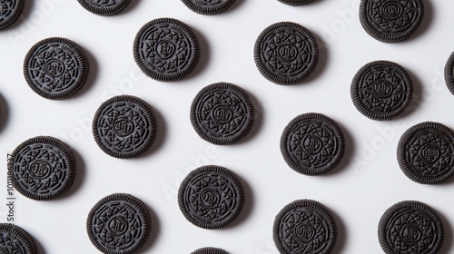 Oreo cookies, separated from anything else, against a plain white backdrop. photo