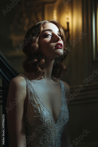 A beautiful model with the night fashion of the 20s 30s 40s 50s photo