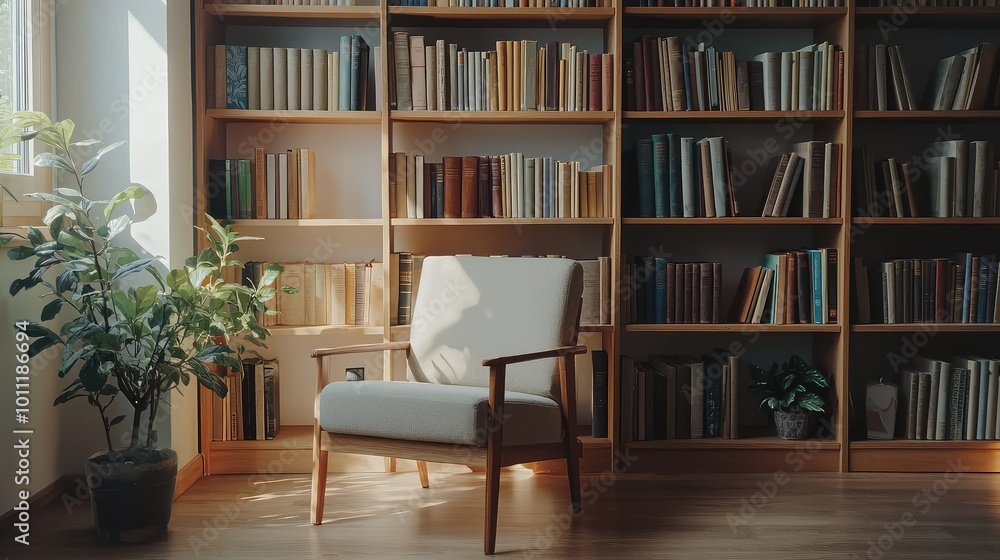 Cozy reading nook with a comfortable chair, bookshelves filled with books, and a decorative plant, perfect for relaxation. Cozy reading nook with a comfortable chair, bookshelves filled with books, and a decorative plant, perfect for relaxation.
