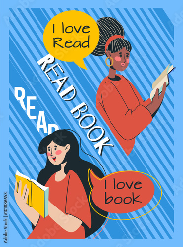 Love read. Woman with books. Literature club. Bookcrossing card. Cartoon bookworm. Students education. People hobbies. Reader enjoying of novel. Bookstore trendy banner. Vector library poster design
