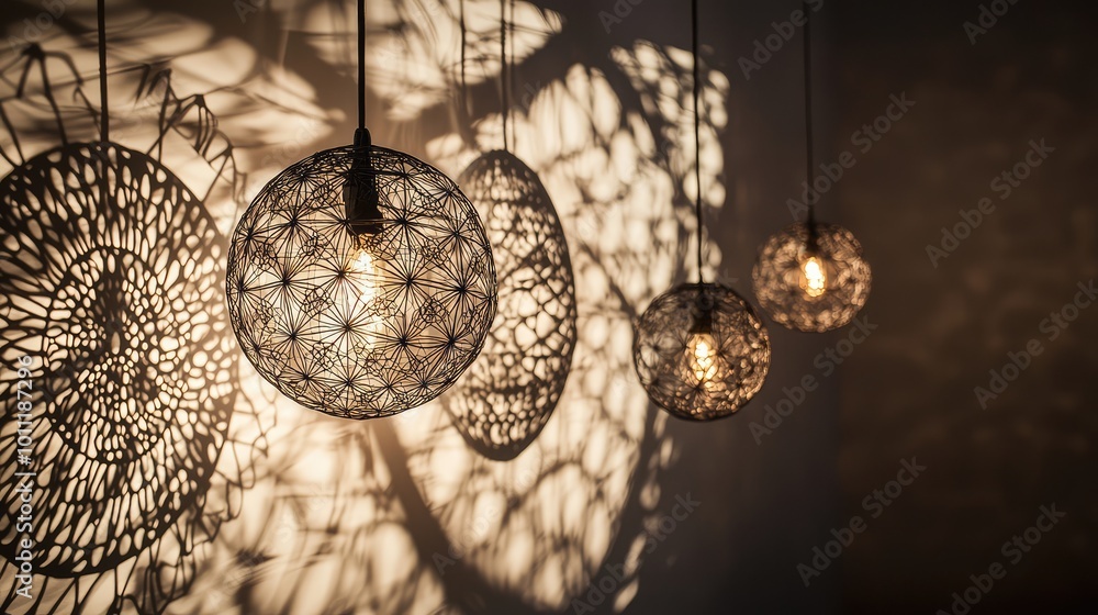 Obraz premium Decorative hanging lamps casting beautiful patterns on the wall, creating a warm and inviting atmosphere in any space.