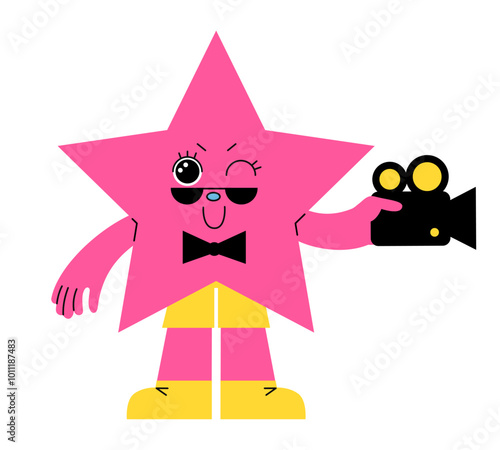 Cute mascot. Cartoon character with camcorder. Retro emoji. Bright star emoticon with hands and legs. Happy smile face. Recording video camera. Movie director smiley. Vector cinematographer emoticon