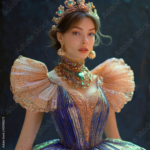 beautiful female model wearing a haute couture dress with elaborate embelishments photo