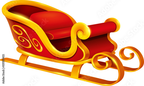 Christmas Santa Claus sleigh. Red and golden sleigh isolated on white background.