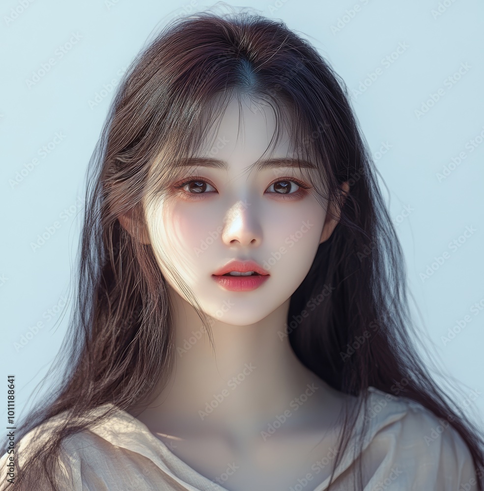 Beautiful young korean girl with long hair, wearing a beige cloth and makeup little on her face Beautiful young korean girl with long hair, wearing a beige cloth and makeup little on her face