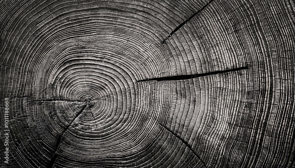 Fototapeta premium Warm gray cut wood texture. Detailed black and white texture of a felled tree trunk or stump. Rough organic tree rings with close up of end grain.
