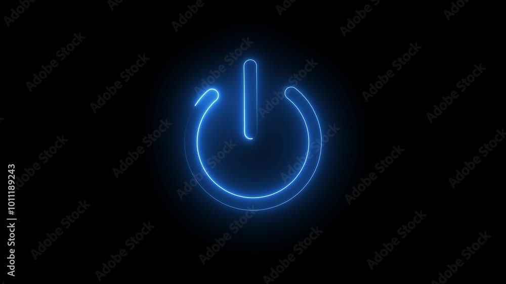 Glowing neon line power button turning on and off animation on the black screen . Glowing neon line power button turning on and off animation on the black screen .