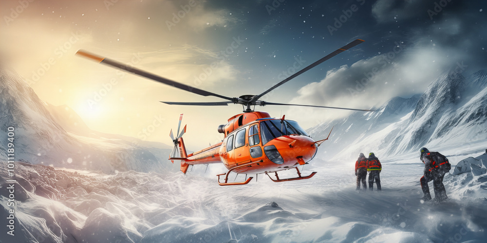 A rescue helicopter hovering over turbulent waves during a storm. A rescue helicopter hovering over turbulent waves during a storm.
