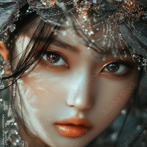 close up of a beautiful asian woman, fantastic eye, mytical, dreamlike photo