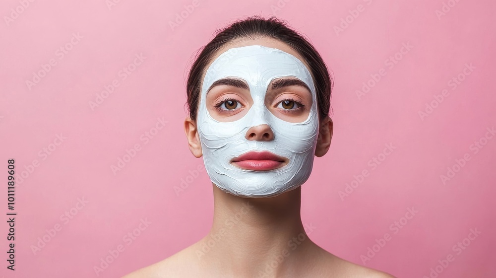 Woman Applying Face Mask on Pink Background. Woman Applying Face Mask on Pink Background.