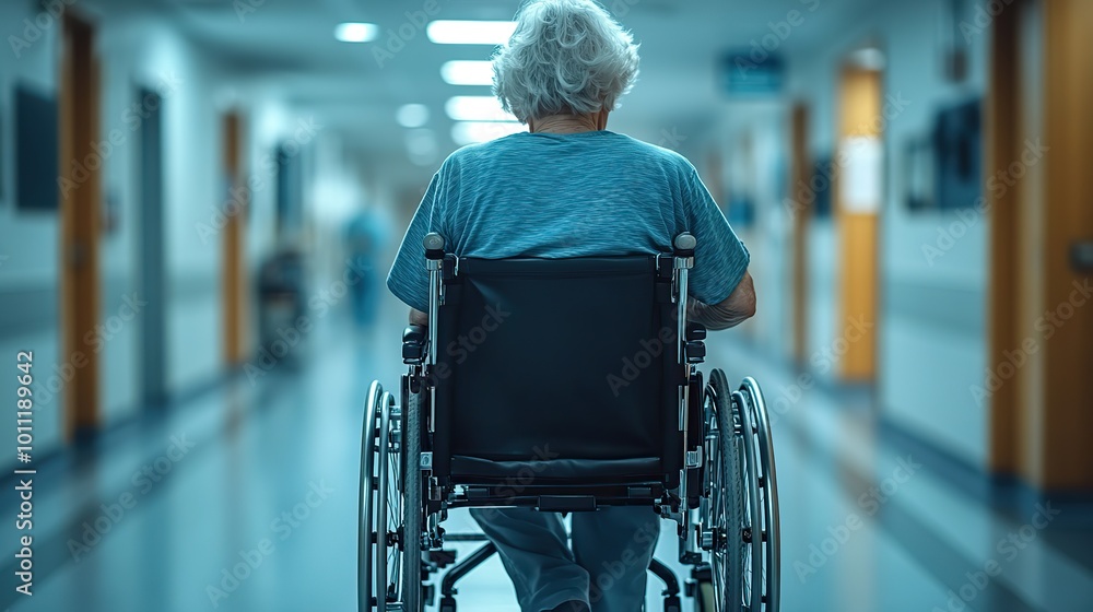 rear view of caregiver pushing wheelchair at hospital corridor rear view of caregiver pushing wheelchair at hospital corridor