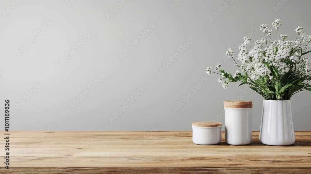 White Vase and Jars on Wooden Table with Flowers. White Vase and Jars on Wooden Table with Flowers.