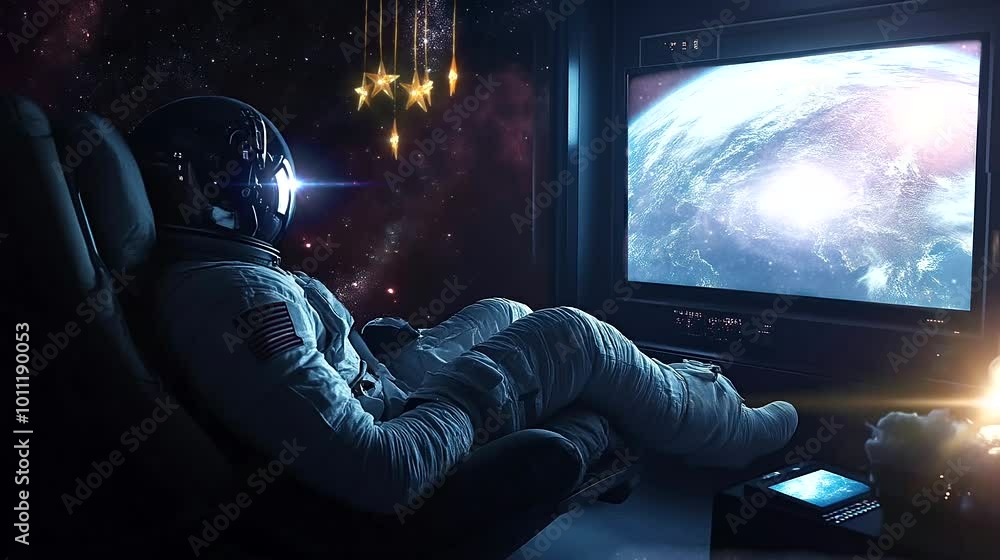 Astronaut in spacecraft viewing Earth from space. Seamless looping time-lapse video background Astronaut in spacecraft viewing Earth from space. Seamless looping time-lapse video background