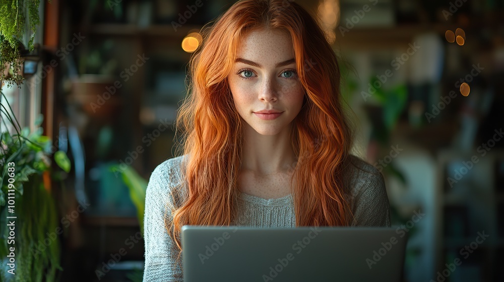 redhead woman standing holding laptop computer while working from home office businesswoman working remotely from her apartment in the city redhead woman standing holding laptop computer while working from home office businesswoman working remotely from her apartment in the city