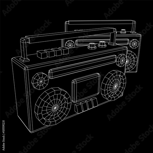 Retro Boombox outdated portable cassette tape recorder. Wireframe low poly mesh vector illustration.