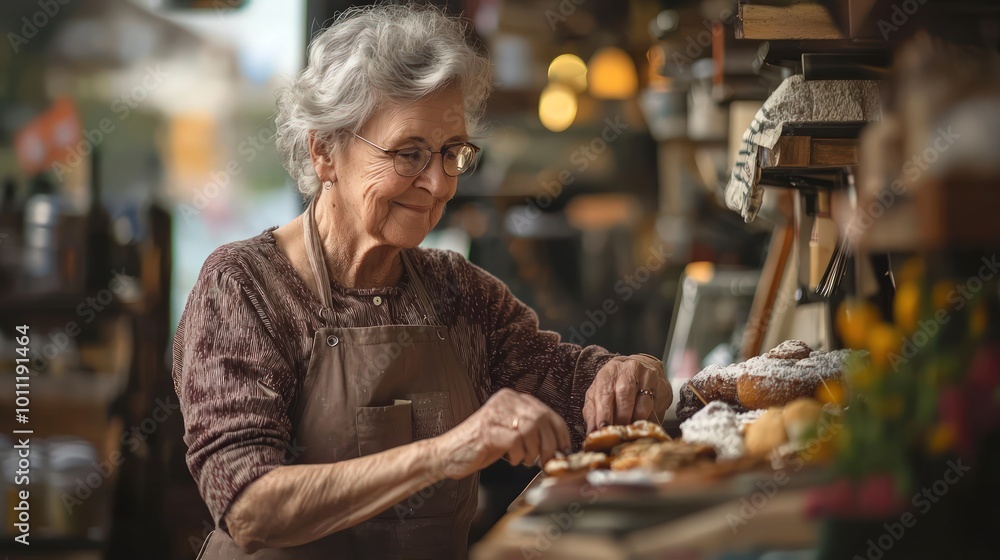 Elderly woman working at her bakery or coffee shop. The image represents a small business owner in a cozy setting, emphasizing the charm of a personal business venture. Elderly woman working at her bakery or coffee shop. The image represents a small business owner in a cozy setting, emphasizing the charm of a personal business venture.