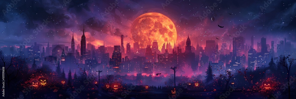 A haunting Halloween night skyline shines with a vibrant orange moon over a city adorned with glowing pumpkins. Generative AI A haunting Halloween night skyline shines with a vibrant orange moon over a city adorned with glowing pumpkins. Generative AI