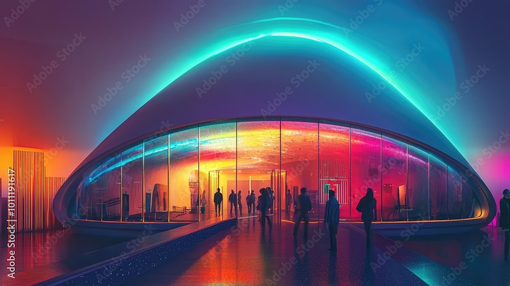 Obraz premium Futuristic building with vibrant lighting and modern architecture, showcasing a unique design and dynamic atmosphere at night.