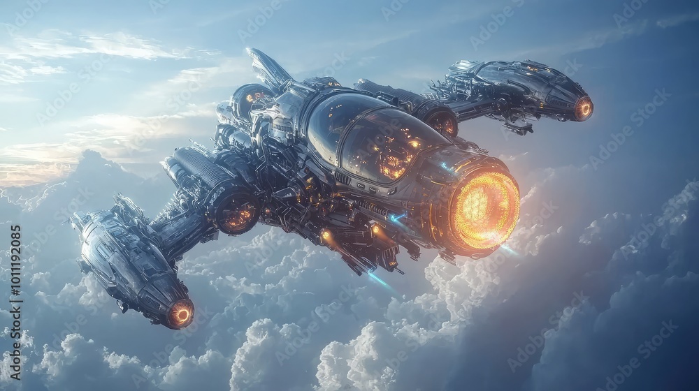 Futuristic spaceship soaring through a vibrant sky filled with clouds, showcasing advanced technology and imaginative design. Futuristic spaceship soaring through a vibrant sky filled with clouds, showcasing advanced technology and imaginative design.