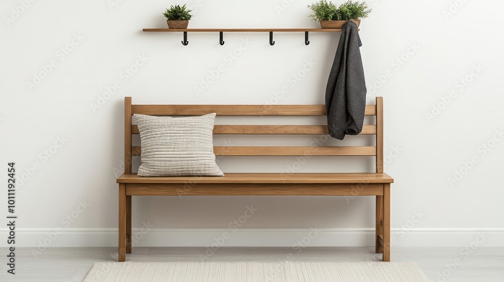 Wooden bench with shelf and hooks in hallway interior. Wooden bench with shelf and hooks in hallway interior.