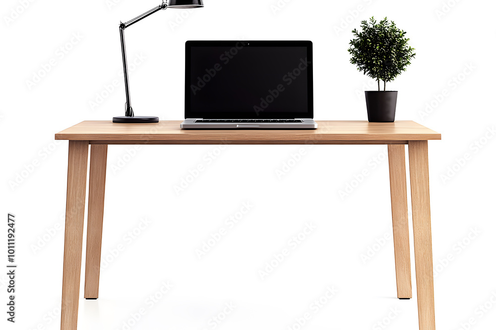 Modern wooden office desk with modern laptop computer mock up isolated on white background
Modern wooden office desk with modern laptop computer mock up isolated on white background