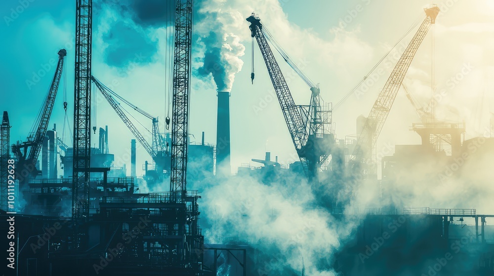 Industrial landscape with cranes and smoke, representing urban development and environmental impact in modern society. Industrial landscape with cranes and smoke, representing urban development and environmental impact in modern society.