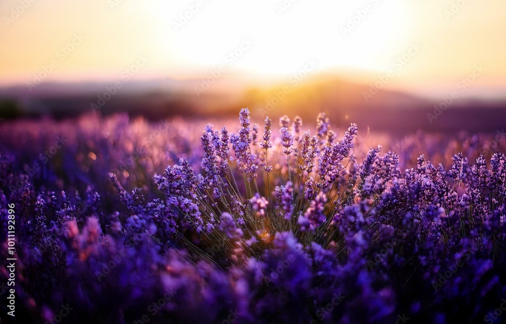 Obraz premium Purple lavender flowers bloom in a field at sunset. The sun shines brightly through the flowers, casting a warm glow over the scene.